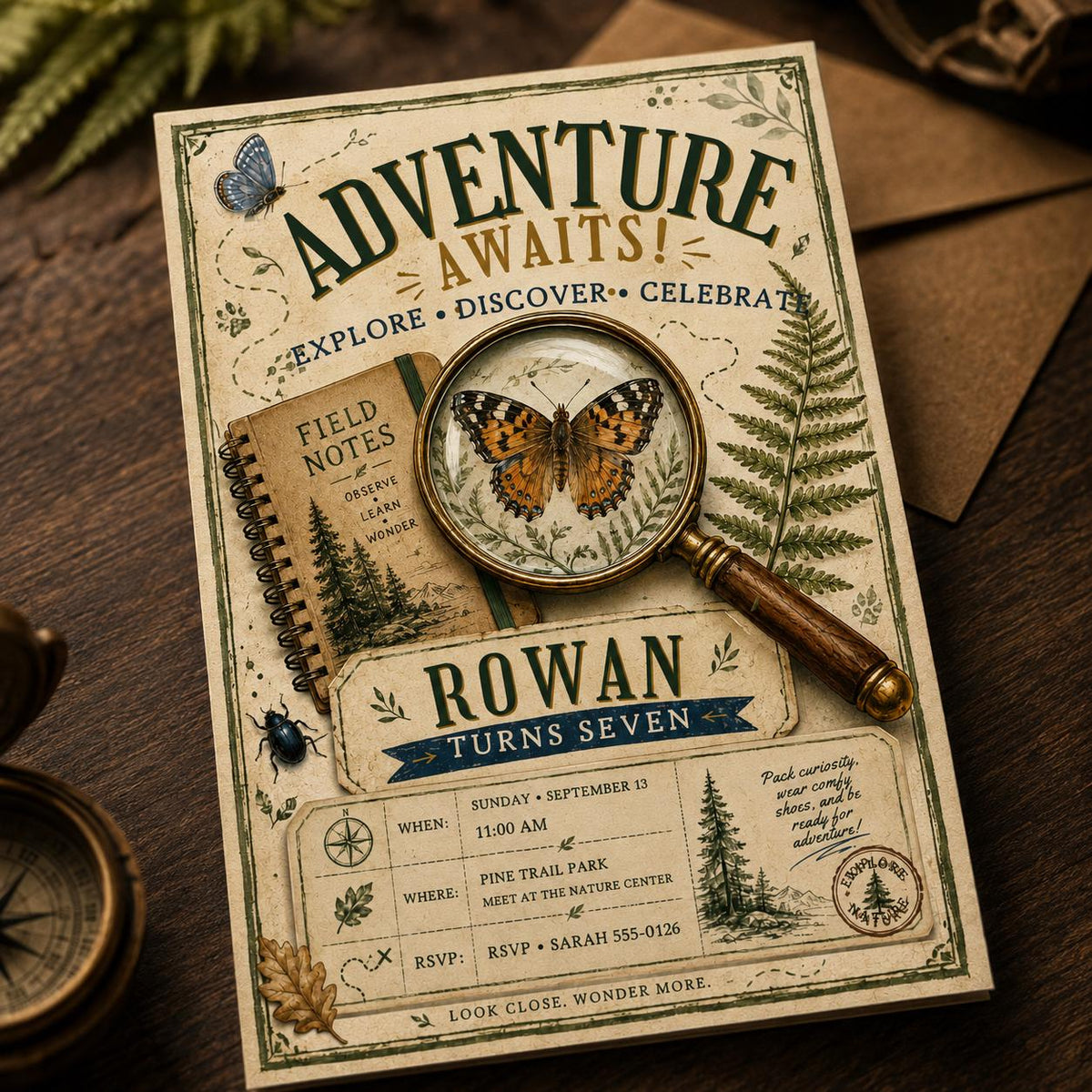 Woodland Adventure 7th Birthday Invitation — 7th birthday party stationery by VoltBy