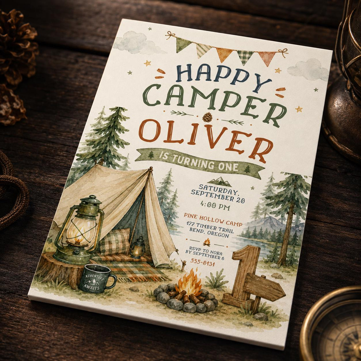 Woodland Camping First Birthday Invitation — first birthday stationery by VoltBy