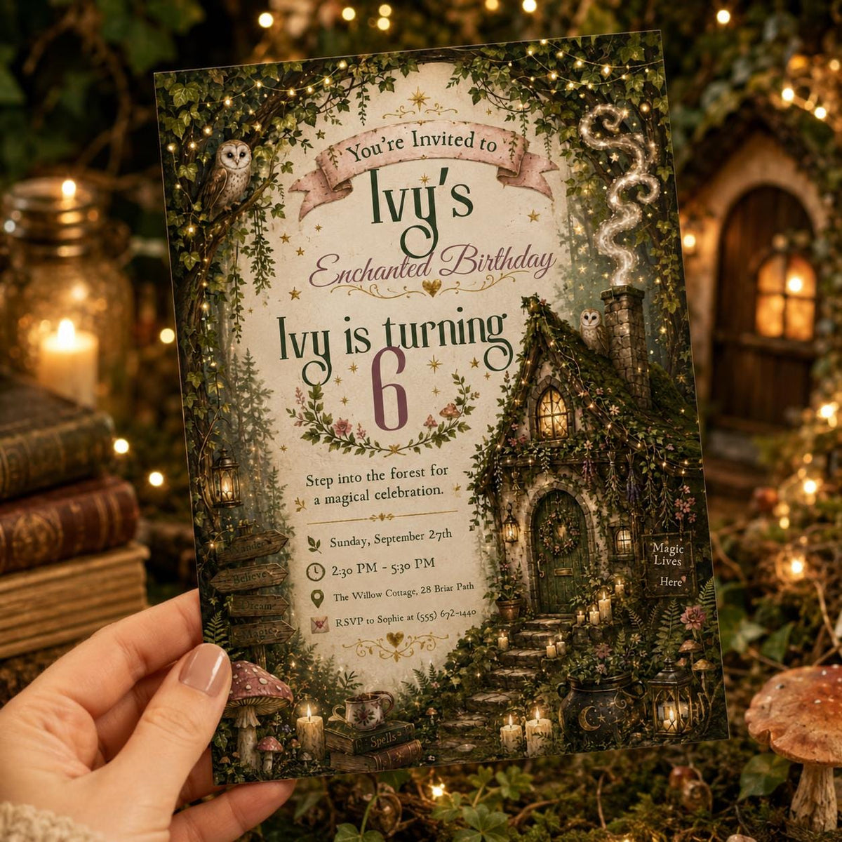 Woodland Ivy Enchanted Forest 6th Birthday Invitation for Girls — digital invitation, instant download