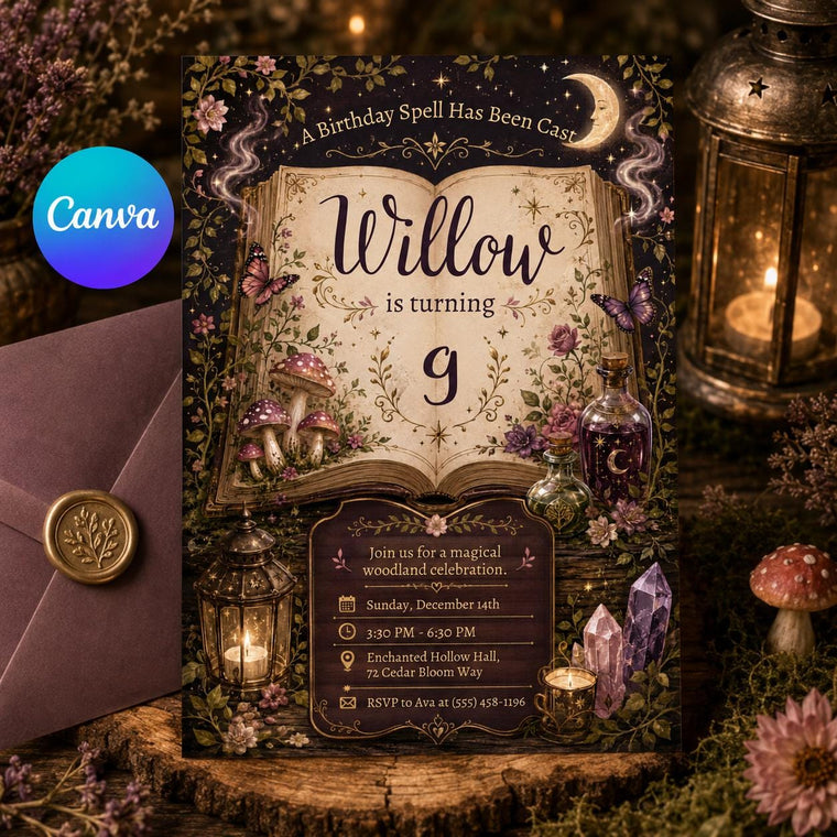 Woodland Magic Spell 9th Birthday Invitation