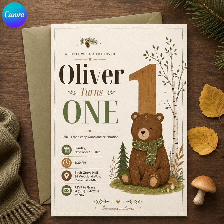 Woodland Teddy Bear First Birthday Invitation for Boys