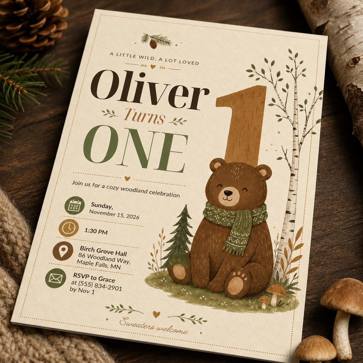 Woodland Teddy Bear First Birthday Invitation for Boys — first birthday stationery by VoltBy