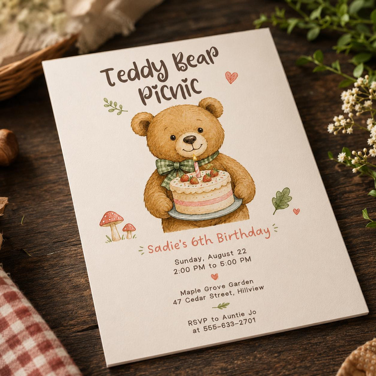 Woodland Teddy Bear Picnic Invitation for Girls — digital invitation, instant download