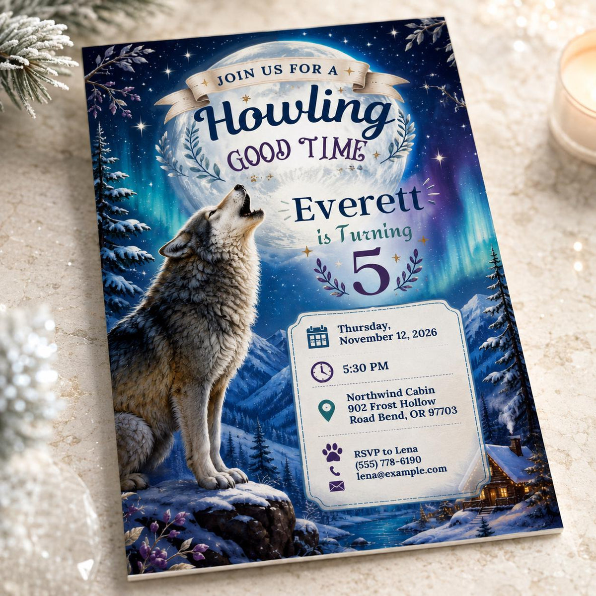 Woodland Wolf 5th Birthday Invitation — digital invitation, instant download