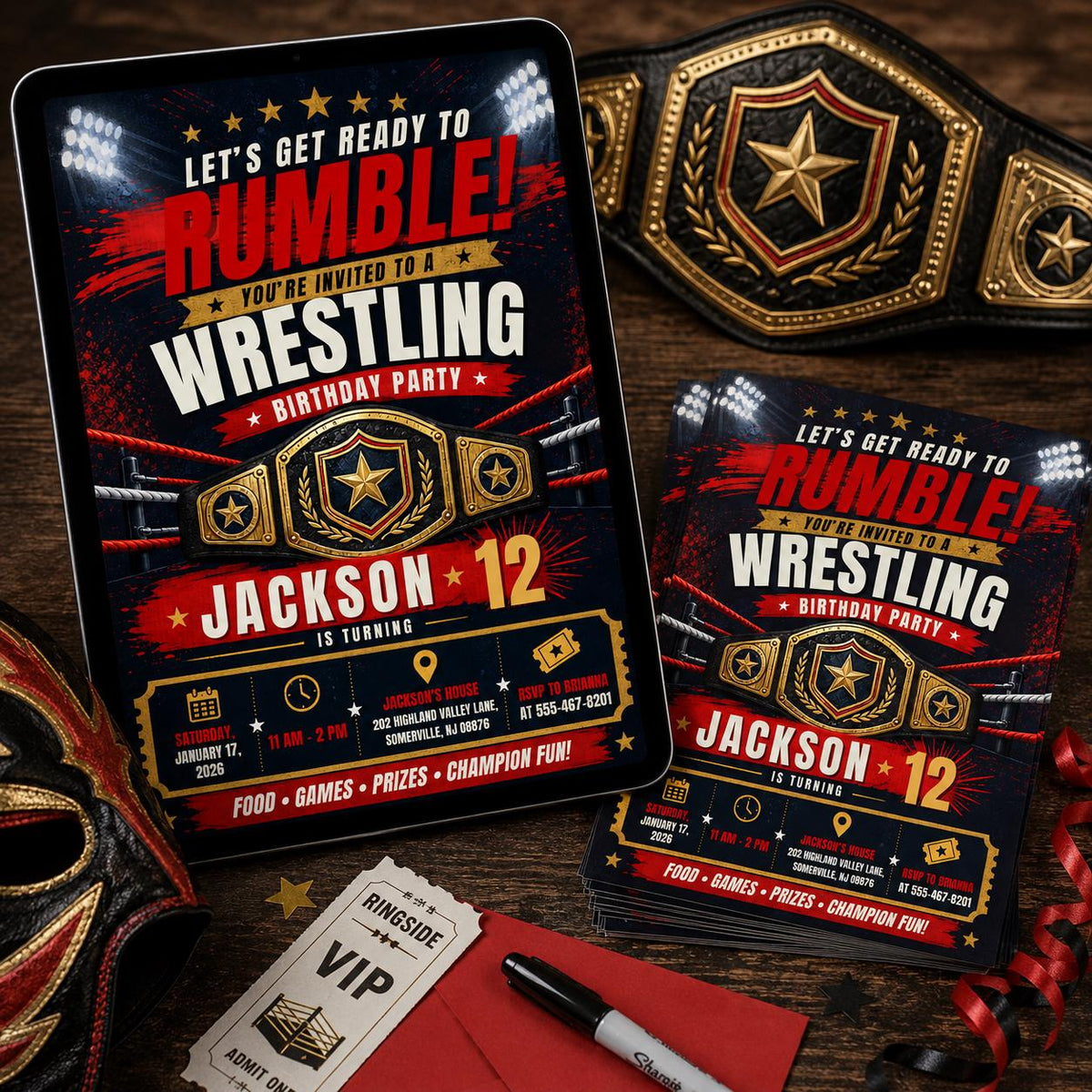 Wrestling 12th Birthday Invitation for Boys — 12th birthday party stationery by VoltBy