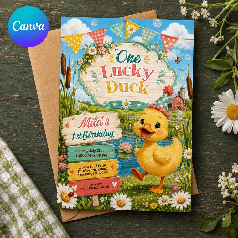Yellow One Lucky Duck First Birthday Invitation for Girls