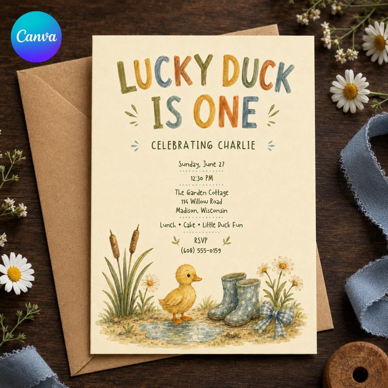 Yellow Watercolor One Lucky Duck First Birthday Invitation for Boys
