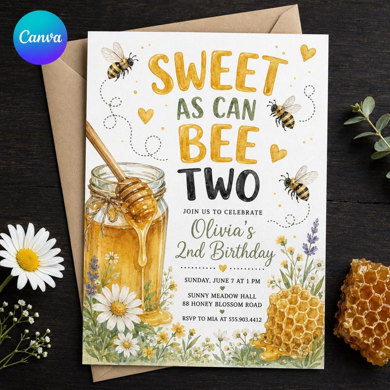 Yellow Watercolor Sweet as Can Bee Two Birthday Invitation