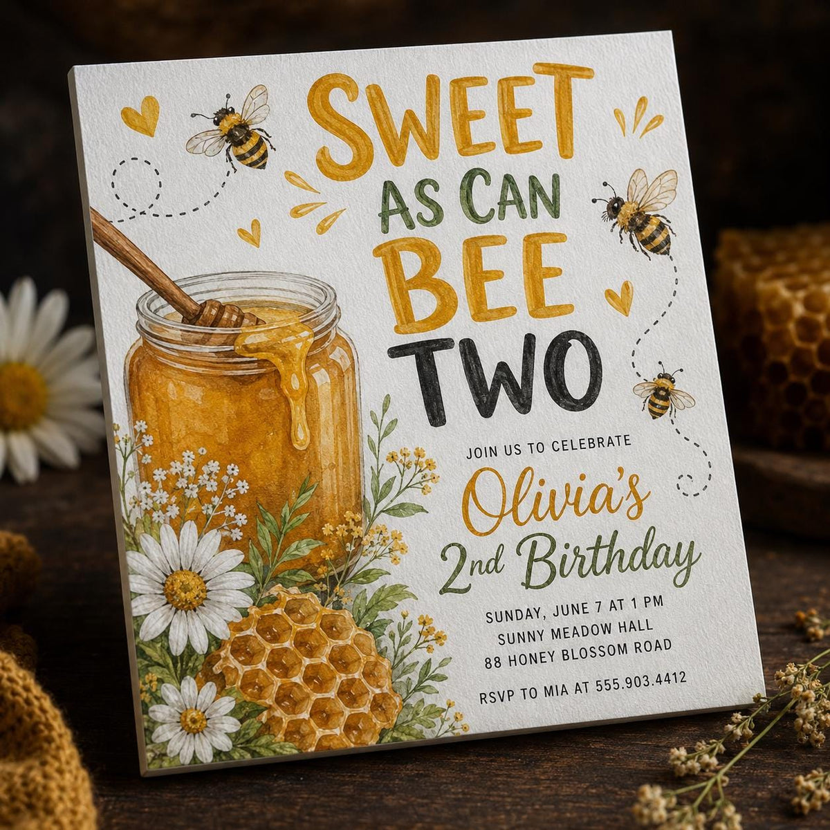 Yellow Watercolor Sweet as Can Bee Two Birthday Invitation — digital invitation, instant download