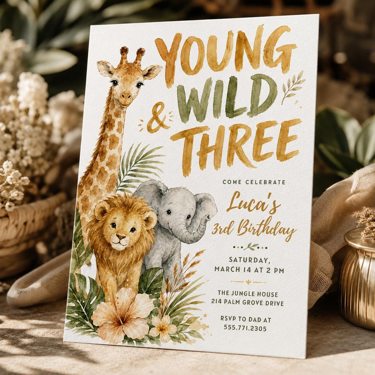 Young Wild and Three Safari 3rd Birthday Invitation — 3rd birthday party stationery by VoltBy