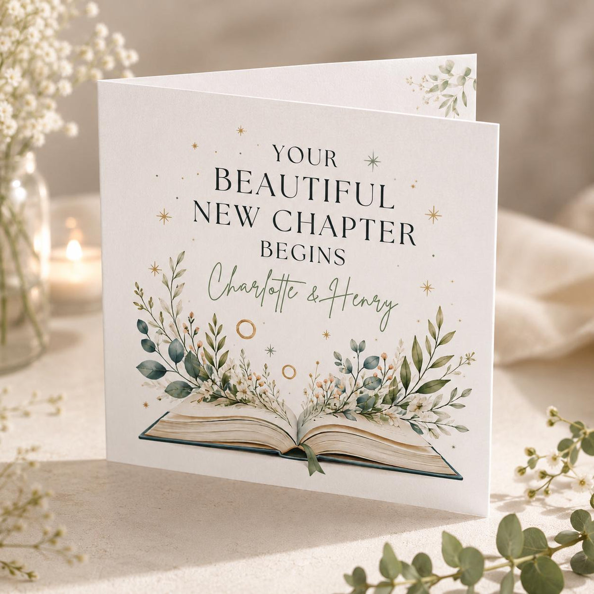 Your Beautiful New Chapter Begins Wedding Greeting Card — library artwork in cream and gold