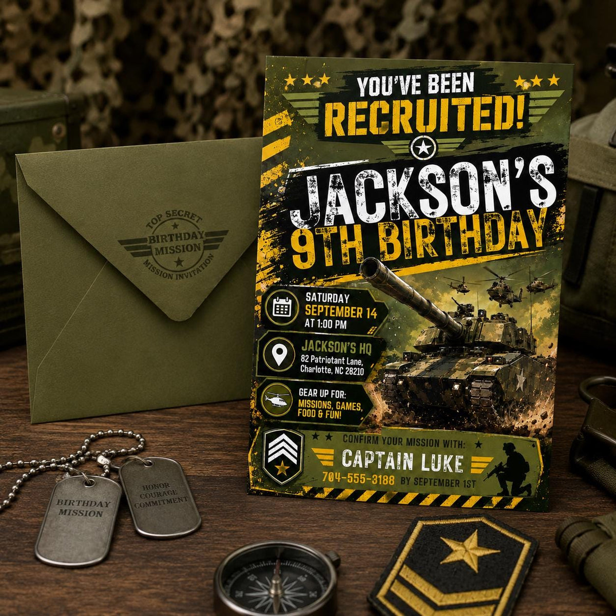 You've Been Recruited Army 9th Birthday Invitation — digital invitation, instant download