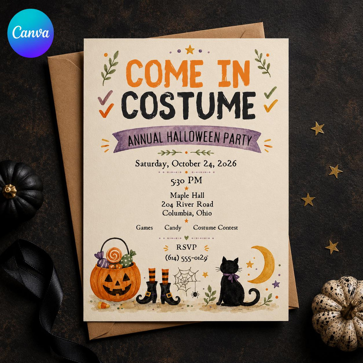 Black Halloween costume party invitation to send by text
