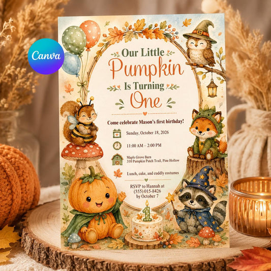 Little Pumpkin First Birthday Invitation – Woodland Fall 1st Birthday Invite