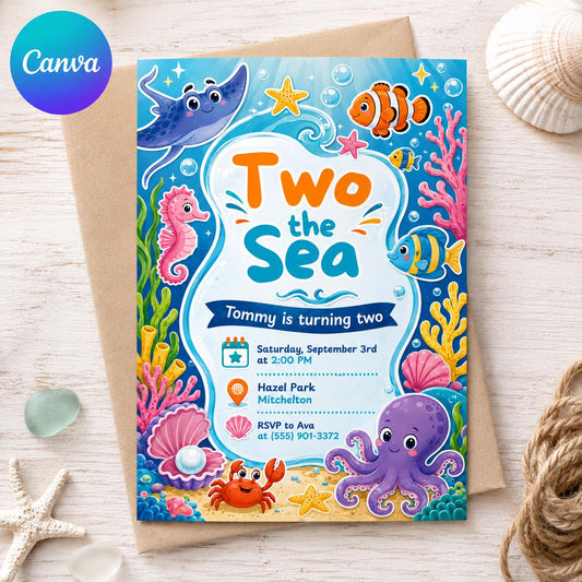 Two the Sea 2nd Birthday Invitation – Under the Sea Ocean Animals Party
