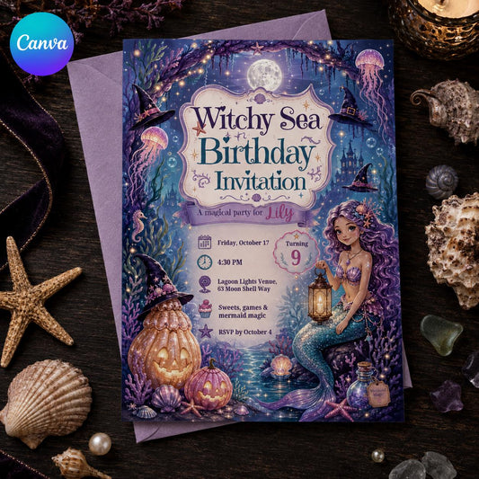 Sea Witch Birthday Invitation – Halloween Mermaid Under the Sea Girl Party Invite