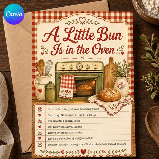 Neutral Vintage Bun in the Oven Baby Shower Invitation — editable Canva template