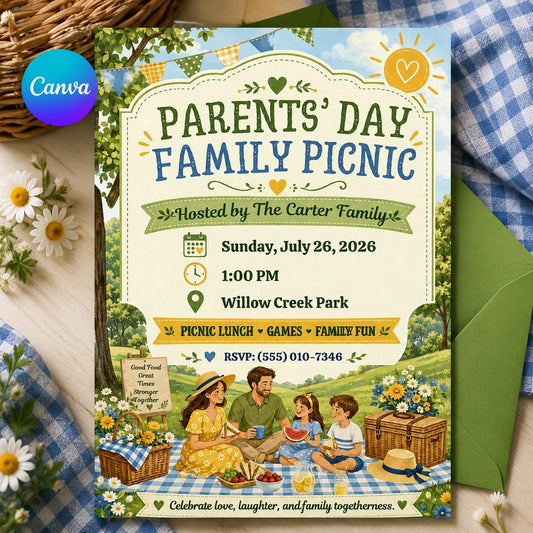 Parents Day Family Picnic Invitation – Park Picnic Invite – Outdoor Family Reunion Party Invite Summer Fun!