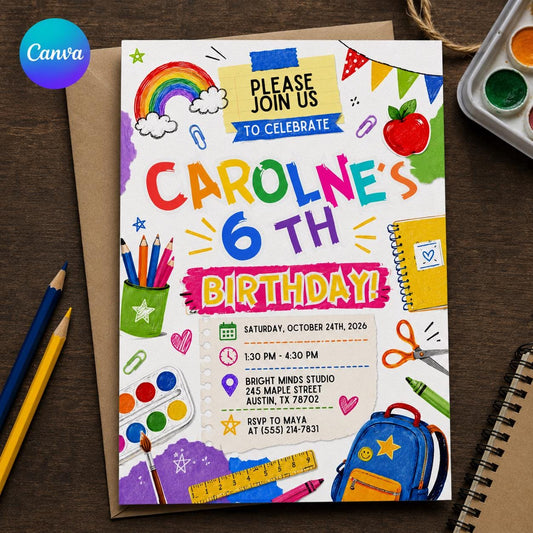 6th Birthday Invitation – Colorful School Doodle Art Party Invite for Kids