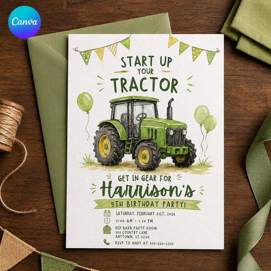 Tractor Birthday Invitation – Green Farm Party Invite for Boys – Watercolor Barnyard