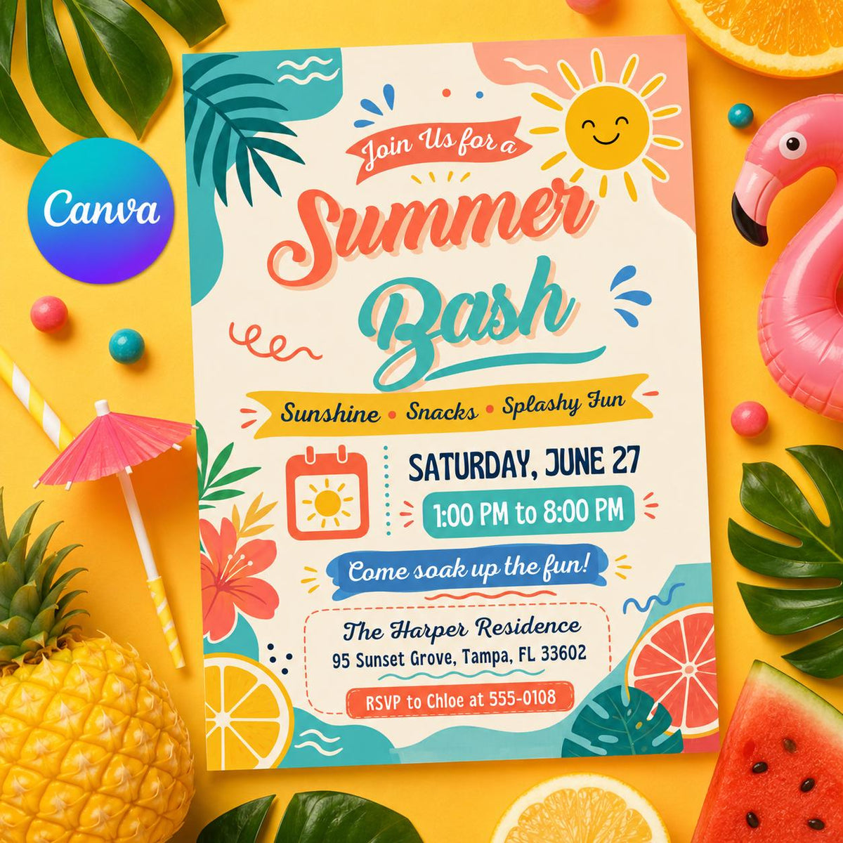 Summer Bash Invitation, Pool Party Invite, Tropical Birthday Party, Canva Template, Printable Summer Party Invite, Kids Pool Party Printable