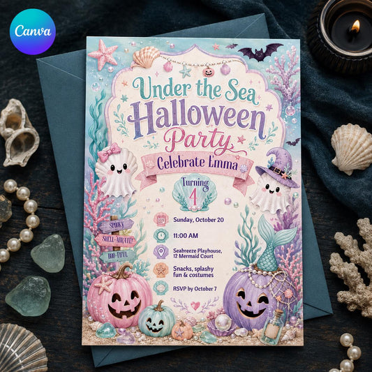 Under the Sea Halloween Birthday Invitation – Cute Ghost Mermaid 4th Party