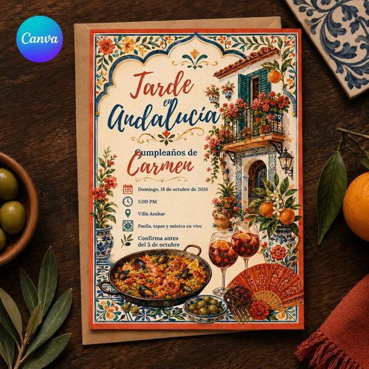 Fiesta Spanish Birthday Invitation: Andalusia Paella and Sangria Fiesta — editable Canva template