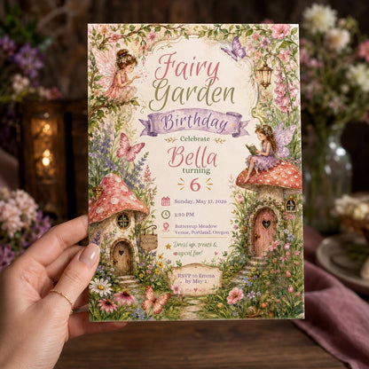 Fairy Garden Birthday Invitation – Enchanted Woodland Girl 6th Birthday Party Invite