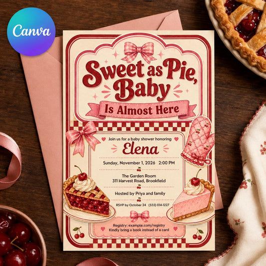 Pink Retro Sweet as Pie Baby Shower Invitation for Girls — editable Canva template