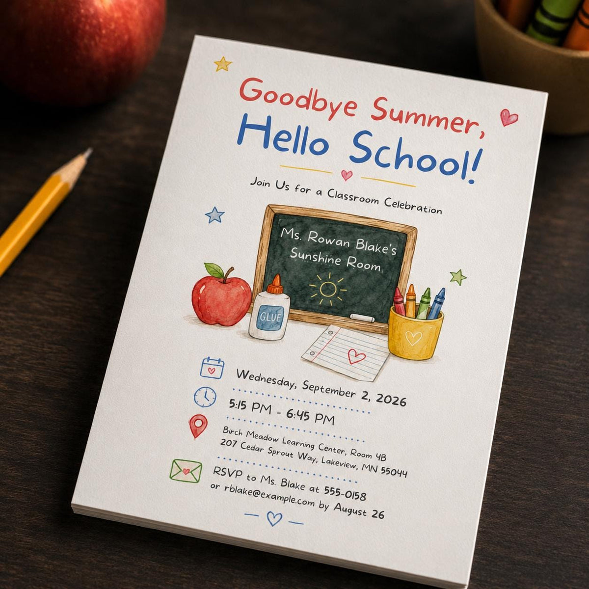 Back to School Classroom Party Invitation – Goodbye Summer Hello School