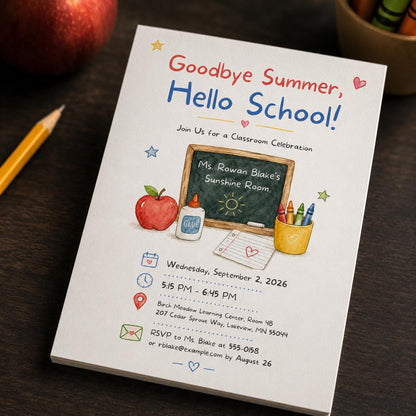Back to School Classroom Party Invitation – Goodbye Summer Hello School