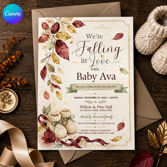 Neutral Elegant Falling in Love Baby Shower Invitation — editable Canva template