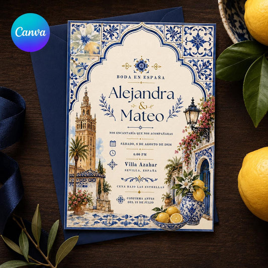 Blue Elegant Spanish Wedding Invitation — editable Canva template