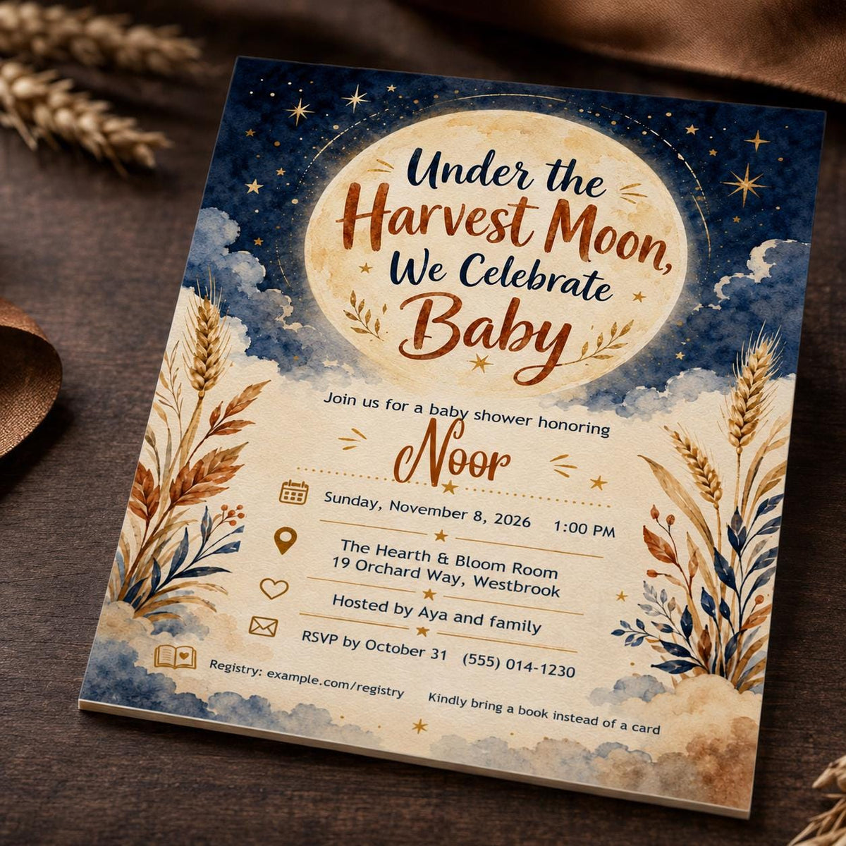 Harvest Moon Baby Shower Invitation – Celestial Fall Moon and Stars Gender Neutral