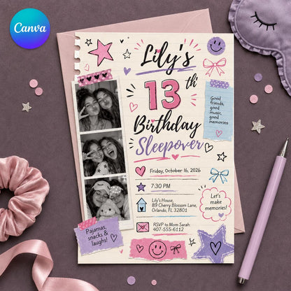 13th Birthday Sleepover Invitation for Girls — editable Canva template