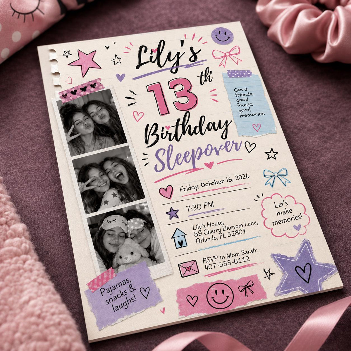 13th Birthday Sleepover Invitation for Girls — invitation you personalize in Canva