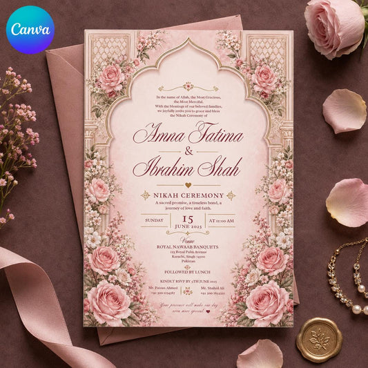 Blush Pink Elegant Nikah Invitation — editable Canva template