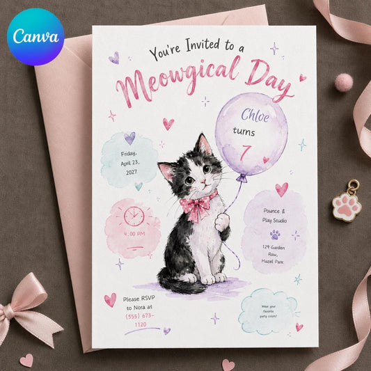 Kitten Birthday Invitation Girl – Meow magical Cat Party Invite – Pink Purple 7th Birthday