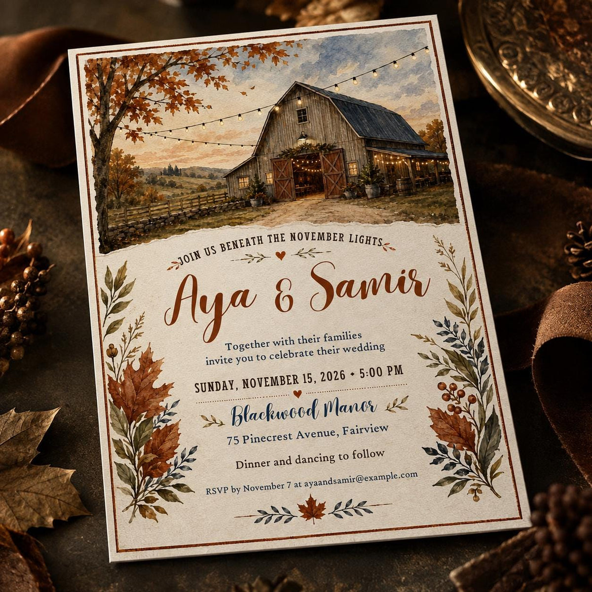 Rustic Fall Wedding Invitation – Barn Wedding Autumn Leaves