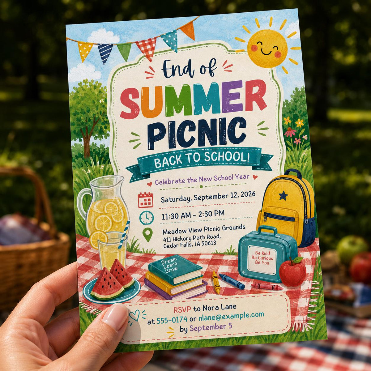 Back to School Picnic Invitation – End of Summer Outdoor Party – Watercolor School Year Celebration