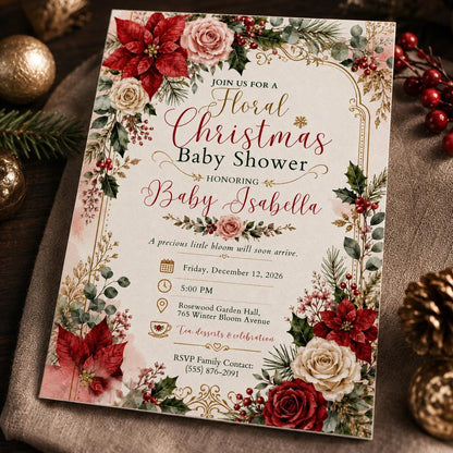 Floral Christmas Baby Shower Invitation – Winter Holiday Girl Baby Sprinkle