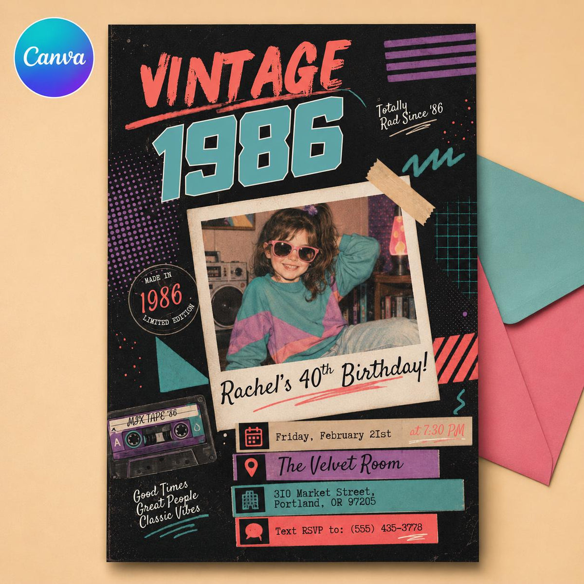 1986 Retro instant photo style 40th Birthday Invitation — editable Canva template