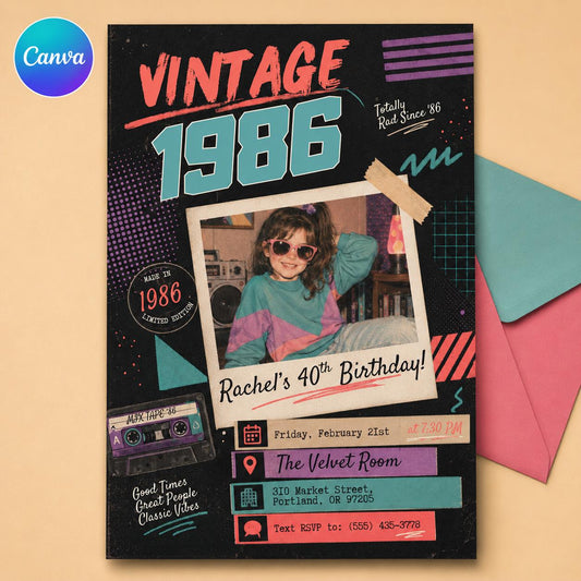 1986 Retro instant photo style 40th Birthday Invitation — editable Canva template