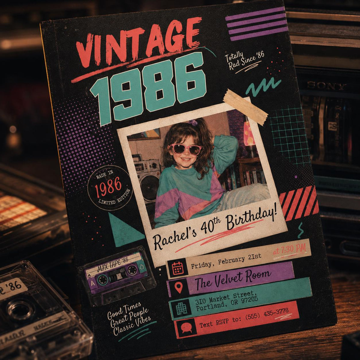 1986 Retro instant photo style 40th Birthday Invitation — invitation you personalize in Canva