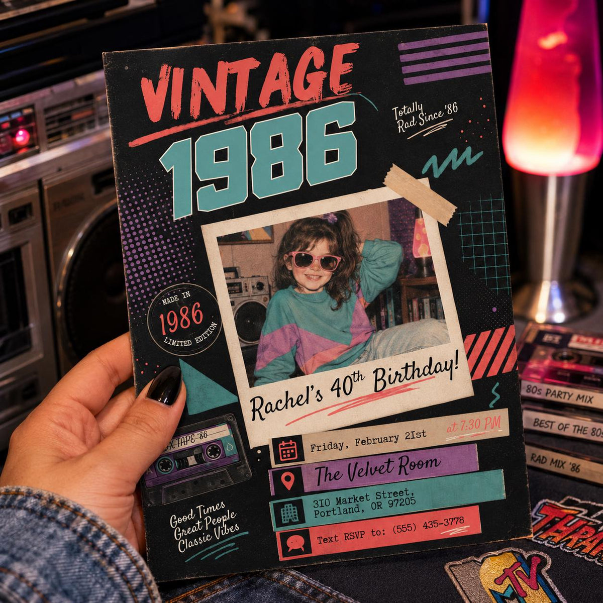 1986 Retro instant photo style 40th Birthday Invitation — print-ready 40th birthday party design from VoltBy