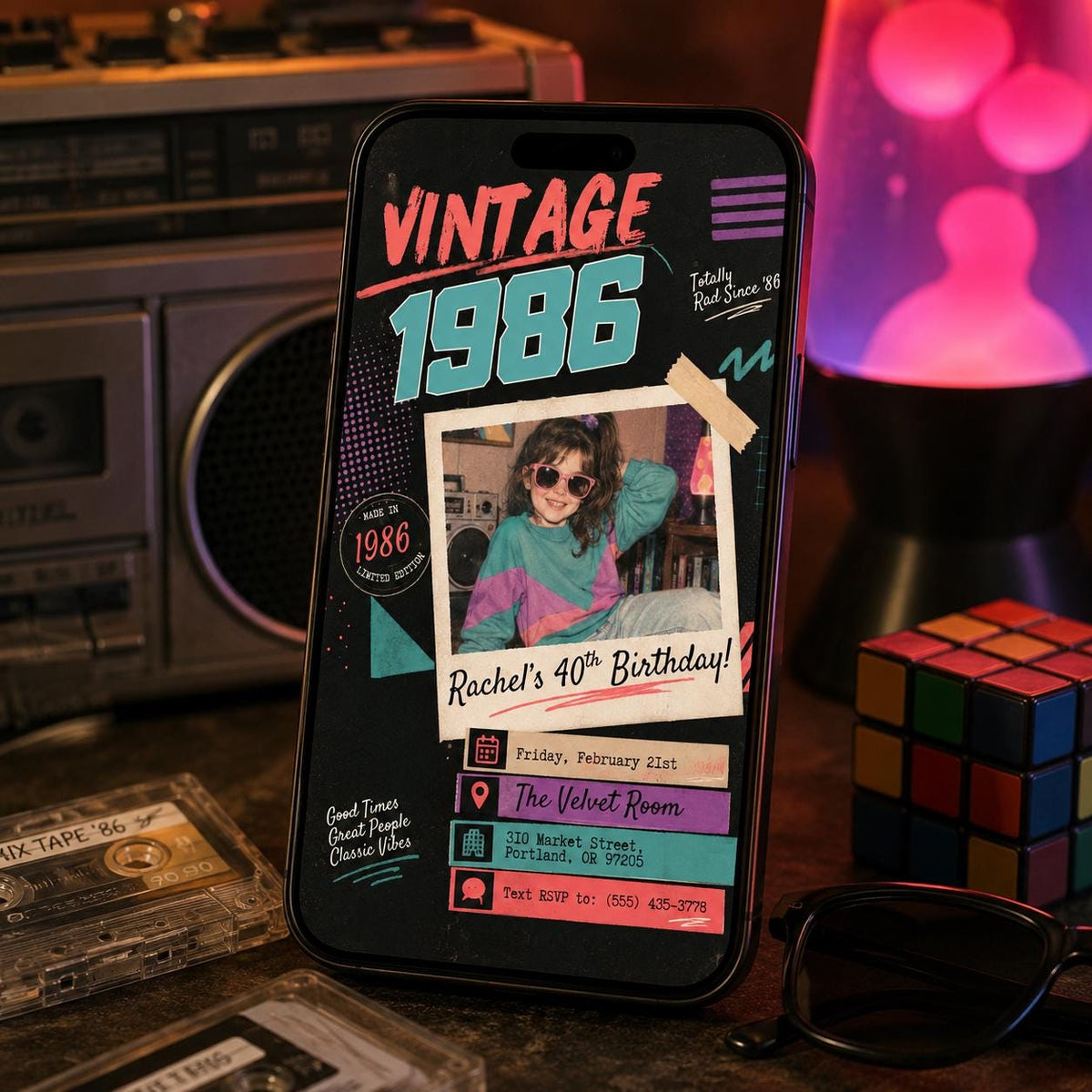 1986 Retro instant photo style 40th Birthday Invitation — digital invitation, instant download