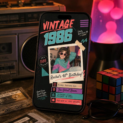 1986 Retro instant photo style 40th Birthday Invitation — digital invitation, instant download