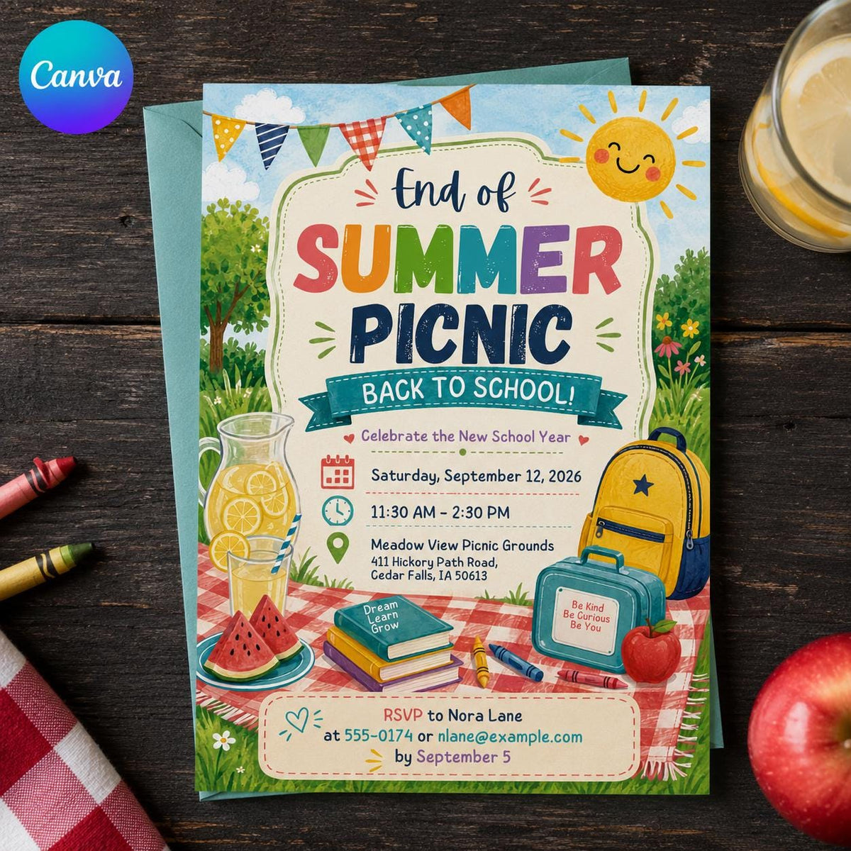 Back to School Picnic Invitation – End of Summer Outdoor Party – Watercolor School Year Celebration