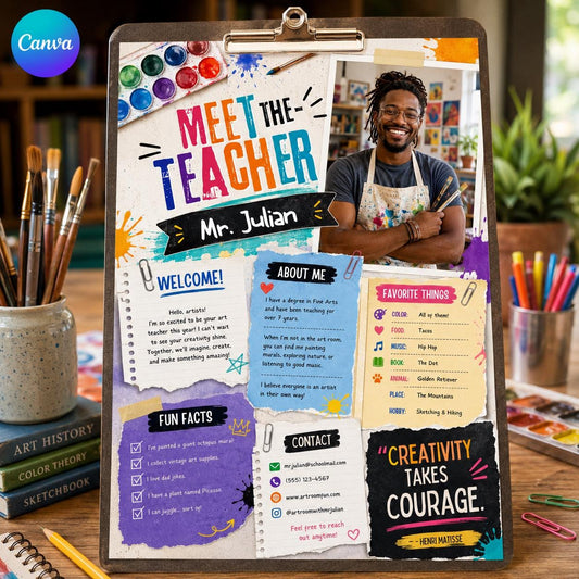 Art Teacher Photo Introduction Template — editable Canva template