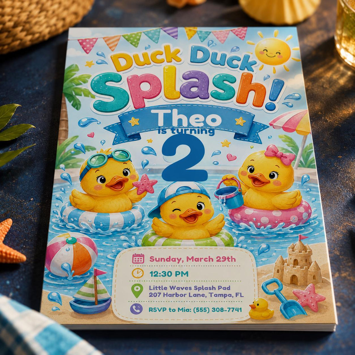Duck 2nd Birthday Invitation – Ducky Splash Pool Party Invite for Boy or Girl